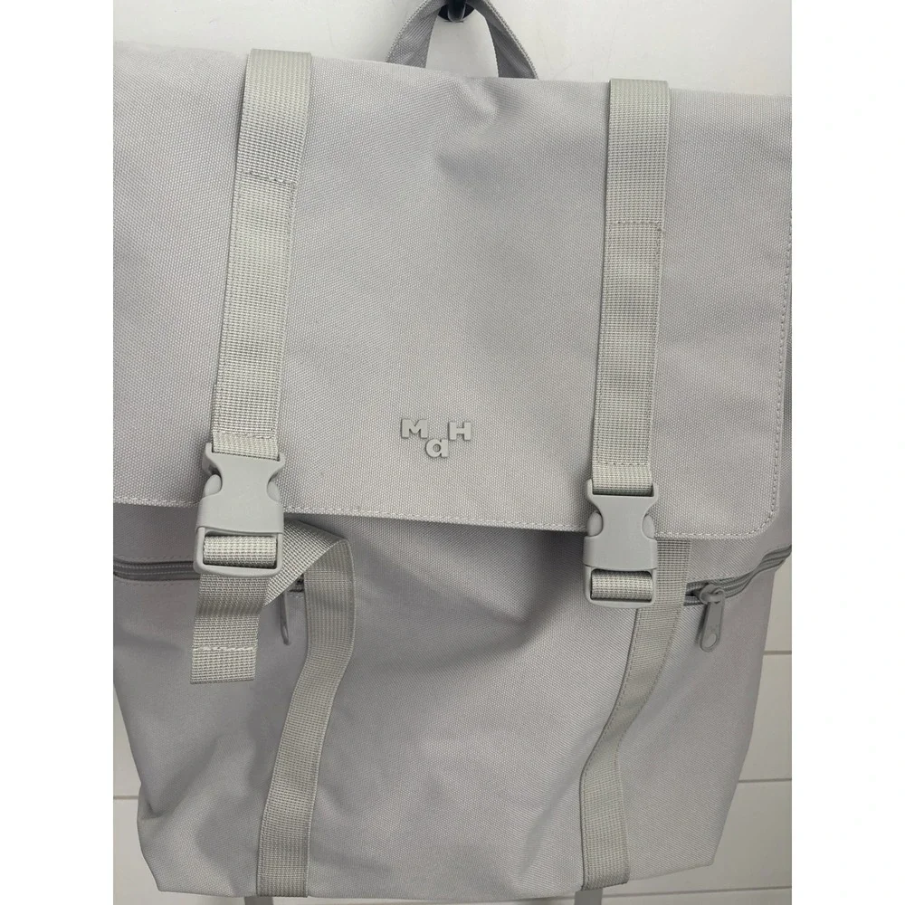 M.H.a Gray Canvas Laptop Backpack Minimalist Commuter Bag with Buckle Flap
